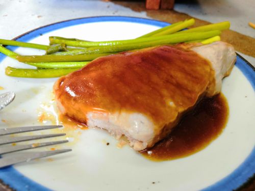 【1食159円】厚切り豚ロース肉の蒲焼きとニンニクの芽のヘルシオレシピ